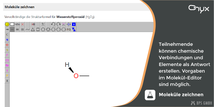 Screenshot des neuen Aufgabentyps "Moleküle zeichnen". Abgebildet sind die Aufgabenstellung sowie der Molekül-Editor mit einer unvollständigen Strukturformel als Vorgabe. Text auf dem Bild: Teilnehmende können chemische Verbindungen und Elemente als Antwort erstellen. Vorgaben im Molekül-Editor sind möglich.