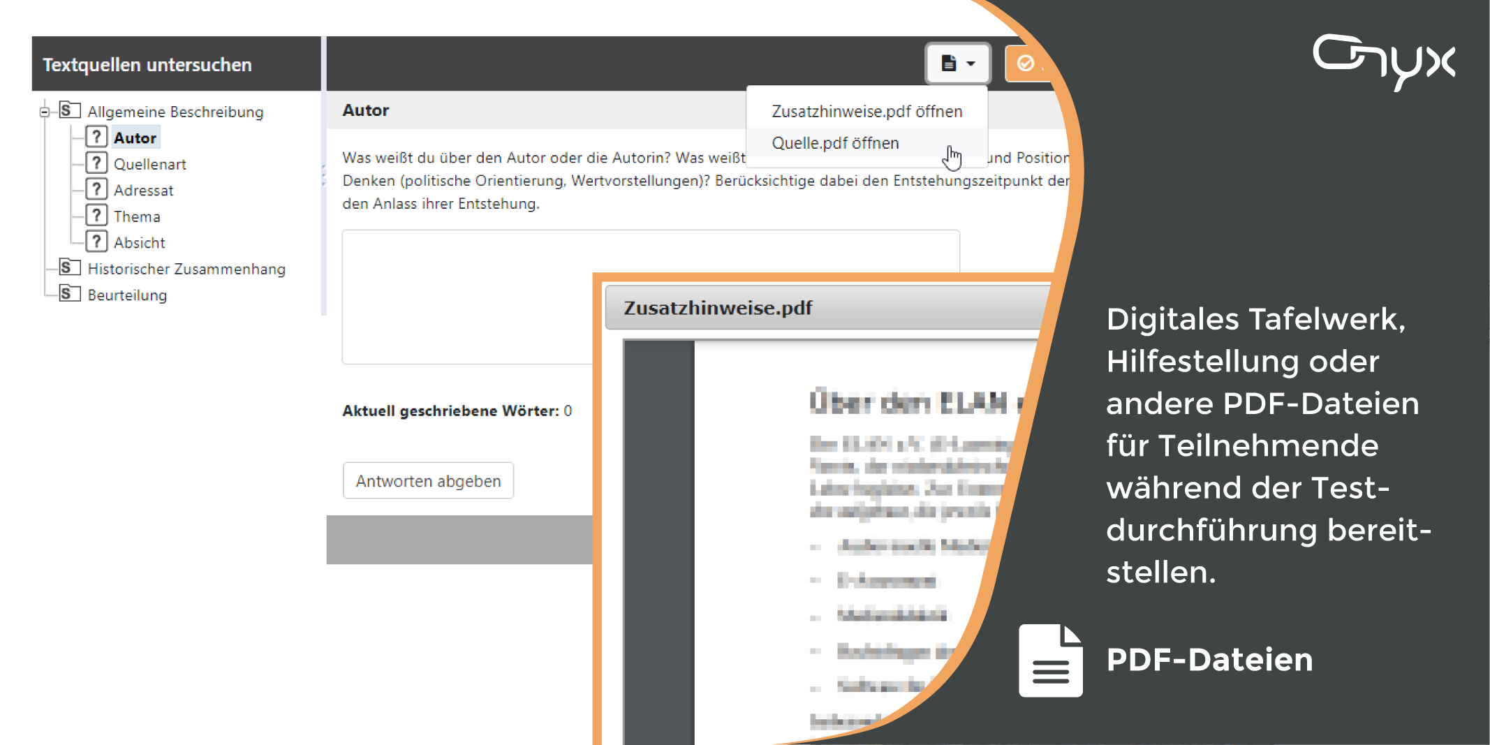 ONYX Testsuite - PDF-Dateien für Teilnehmende während der Testdurchführung bereitstellen - Screenshot