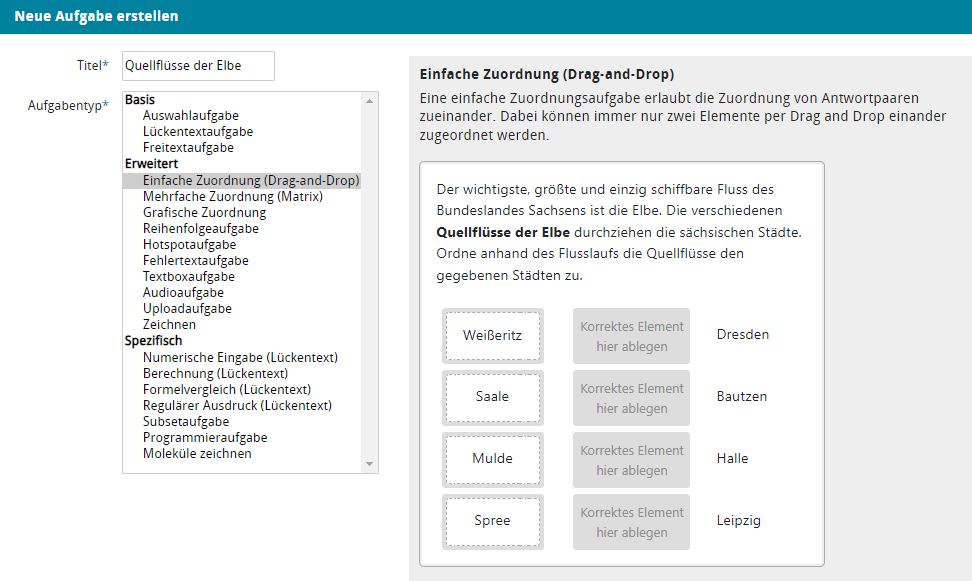 Screenshot des Dialogs zum Erstellen von neuen Aufgaben für digitale Abschlussprüfungen mit der mit ONYX Prüfungsplattform. Zur Auswahl stehen interaktive 20 Fragetypen.