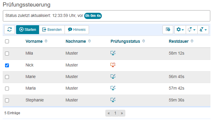 Screenshot der Prüfungssteuerung. Einsicht in den Status der Teilnehmenden mit hervorgehobenem Starten-Button um digitale Abschlussprüfungen nach einem Abbruch fortzusetzen.