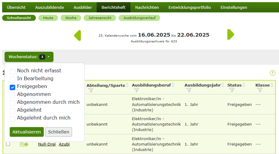 Filter nach Wochenstatus in der Schnellansicht von Berichtsheften. Der Status "Freigegeben" ist ausgewählt.
