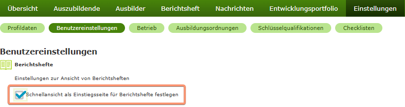Einstellung "Schnellansicht als Einstiegsseite für Berichtshefte festlegen" (Screenshot)