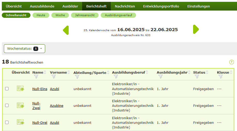Schnellansicht von Berichtsheften. Tabellarische Übersicht über den Status der Berichtshefte einer Woche (Screenshot)