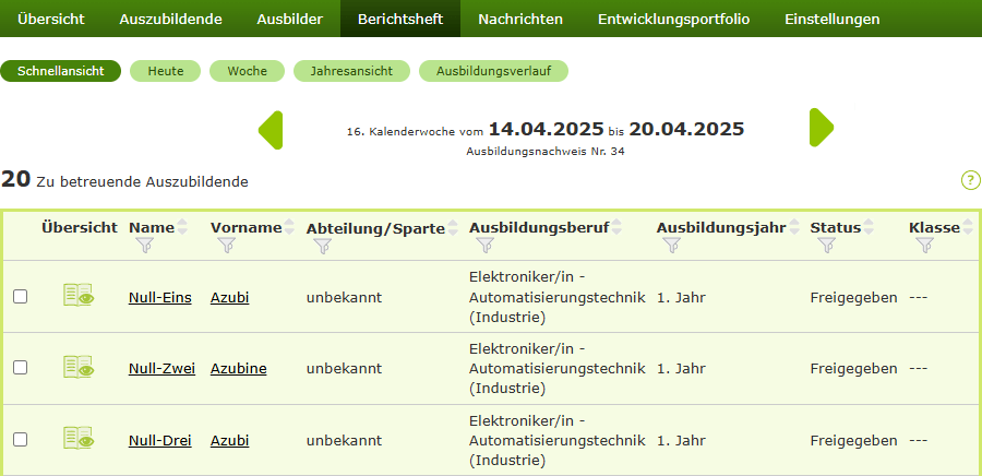Schnellansicht von Berichtsheften. Tabellarische Übersicht über den Status der Berichtshefte einer Woche (Screenshot)