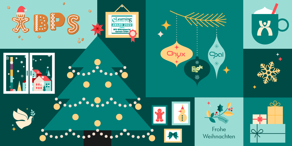 Die BPS GmbH wünscht frohe Weihnachten. Illustration mit dem BPS-Logo, den Produktlogos von OPAL, ONYX und BLok, unserem eLearning Award 2022 sowie Weihnachtsbaum, Plätzchen und Geschenken.