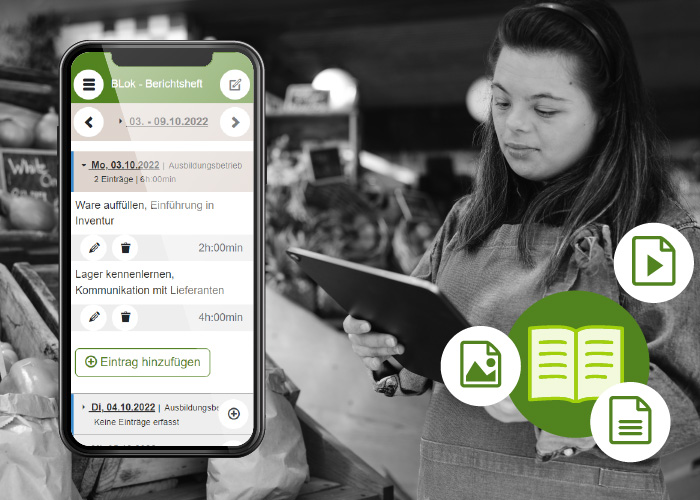 Symbolbild Berichtsheft online führen. Eine Person steht mit einem Tablet im Supermarkt. Über dem Hintergrundbild ein Smartphone mit Screenshot des Berichtshefts in BLok. Zusätzlich Icons für Berichtsheft, Text, Grafik und Video.