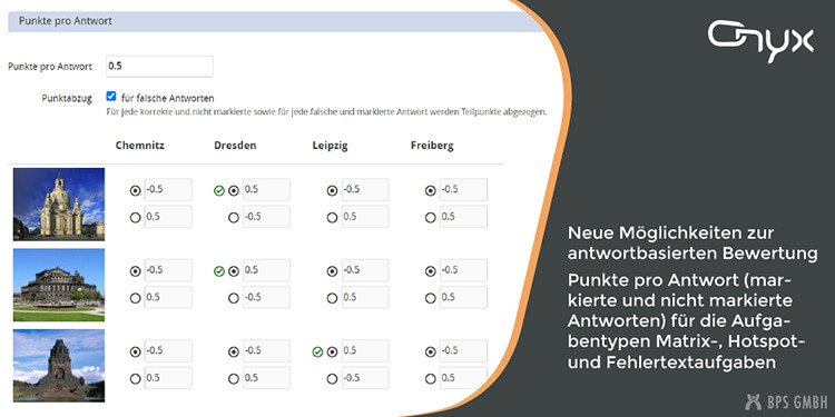 Screenshot der Bewertungsoptionen in ONYX. Bildtext: Neue Möglichkeiten zur antwortbasierten Bewertung. Punkte pro Antwort (markierte und nicht markierte Antworten) für die Aufgabentypen Matrix-, Hotspot- und Fehlertextaufgaben.