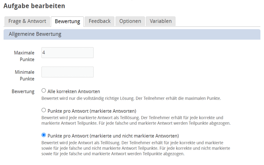 Screenshot der Bewertungsoptionen mit den drei Möglichkeiten "alle korrekten Antworten", "Punkte pro Antwort" für markierte sowie für markierte und nicht markierte Antworten.