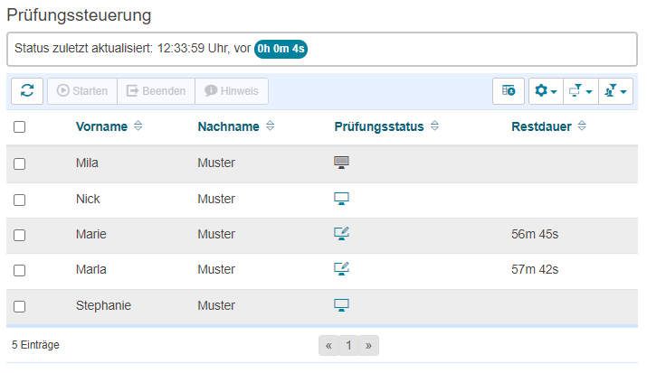 Screenshot der Prüfungssteuerung. Überblick über aktive Teilnehmende sowie deren Status in einer laufenden digitalen Abschlussprüfung.
