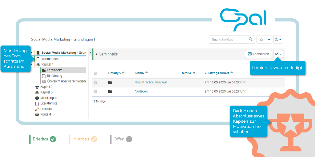 Screenshot eines Kurses mit Fortschrittsanzeige in OPAL. Hervorgehoben ist die Markierung des Kursfortschritts im Menü sowie die Anzeige, ob eine Aufgabe erledigt wurde. Außerdem ein Beispiel-Badge, der nach Abschluss des Kurses freigeschalten werden kann.