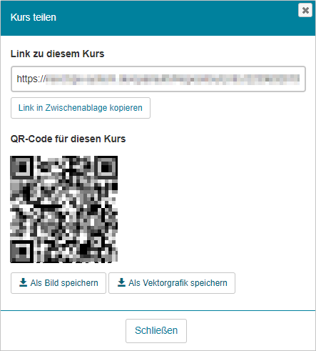 Kurs teilen in OPAL (Screenshot). Abgebildet ist der Link zum Kurs mit der Möglichkeit zum Kopieren in die Zwischenablage sowie der QR-Code.