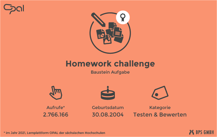 Infografik zum Kursbaustein Aufgabe. "Fragen über Fragen". Aufrufe: 2.766.166 (in 2021, Lernplattform der sächsischen Hochschulen), Geburtsdatum: 30.08.2004, Kategorie: Testen & Bewerten