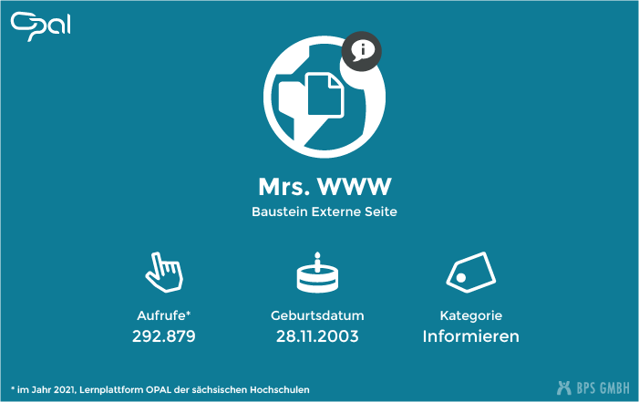 Infografik zum Kursbaustein Externe Seite. "Mrs. WWW". Aufrufe: 292.879 (in 2021, Lernplattform der sächsischen Hochschulen), Geburtsdatum: 28.11.2003, Kategorie: Informieren