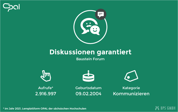 Infografik zum Kursbaustein Forum. "Diskussionen garantiert". Aufrufe: 2.916.997 (in 2021, Lernplattform der sächsischen Hochschulen), Geburtsdatum: 09.02.2004 Kategorie: Kommunizieren