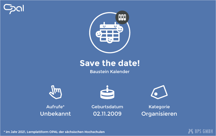 Infografik zum Kursbaustein Kalender. "Save the date". Aufrufe: unbekannt, Geburtsdatum: 09.02.2004, Kategorie: Organisieren