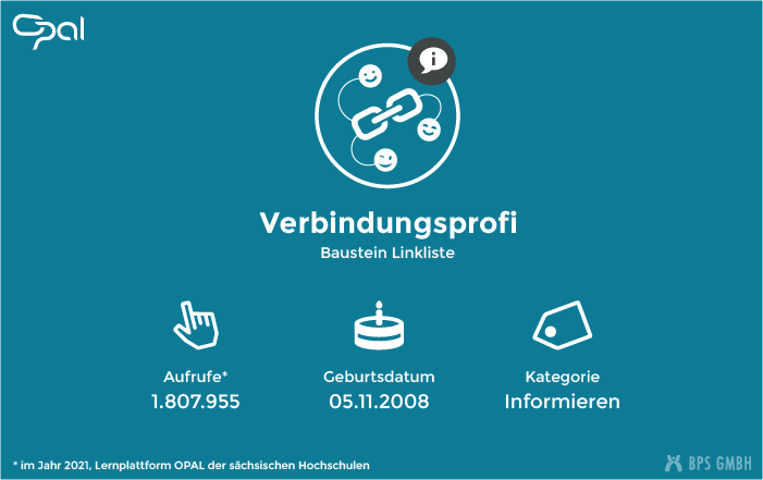 Infografik zum Kursbaustein Linkliste. "Verbindungsprofi". Aufrufe: 1.807.955 (in 2021, Lernplattform der sächsischen Hochschulen), Geburtsdatum: 05.11.2008, Kategorie: Informieren