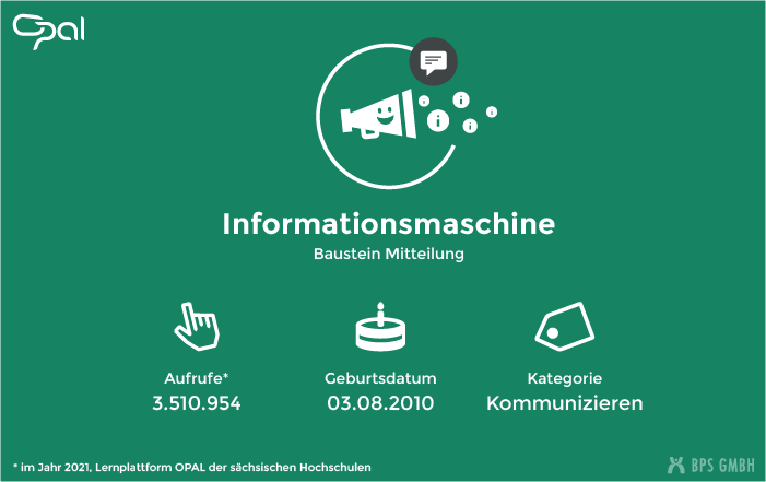 Infografik zum Kursbaustein Mitteilung. "Informationsmaschine". Aufrufe: 3.510.954 (in 2021, Lernplattform der sächsischen Hochschulen), Geburtsdatum: 03.08.2010, Kategorie: Kommunizieren