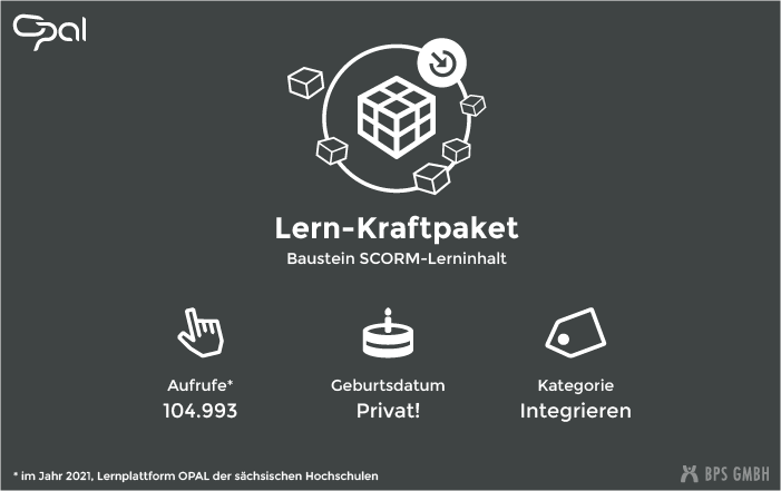 Infografik zum Kursbaustein SCORM-Lerninhalte. "Lern-Kraftpaket". Aufrufe: 104.993 (in 2021, Lernplattform der sächsischen Hochschulen), Kategorie: Integrieren