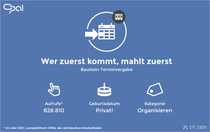 Infografik zum Kursbaustein Terminvergabe zum Organisieren von Terminen. "Wer zuerst kommt, mahlt zuerst". Aufrufe: 828.810 (in 2021, Lernplattform der sächsischen Hochschulen), Kategorie: Organisieren