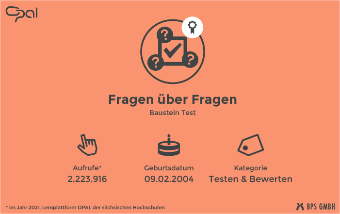 Infografik zum Kursbaustein Test/Prüfung. "Fragen über Fragen". Aufrufe: 2.223.916 (in 2021, Lernplattform der sächsischen Hochschulen), Geburtsdatum: 09.02.2004, Kategorie: Testen & Bewerten