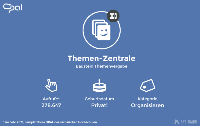 Infografik zum Kursbaustein Themenvergabe. "Themenzentrale". Aufrufe: 278.647 (in 2021, Lernplattform der sächsischen Hochschulen), Geburtsdatum: Privat!, Kategorie: Organisieren