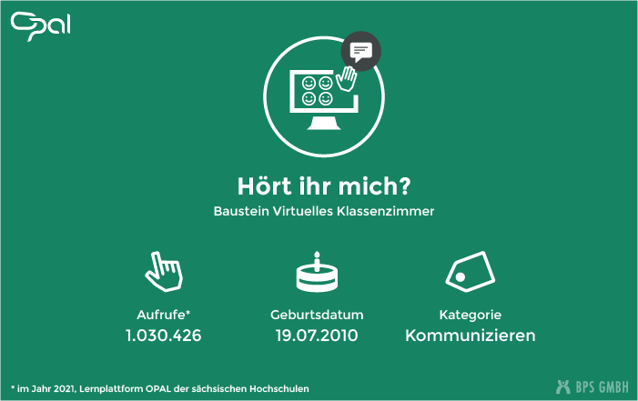 Infografik zum Kursbaustein Virtuelles Klassenzimmer. "Hört ihr mich?". Aufrufe: 1.030.426 (in 2021, Lernplattform der sächsischen Hochschulen), Geburtsdatum: 19.07.2010, Kategorie: Kommunizieren