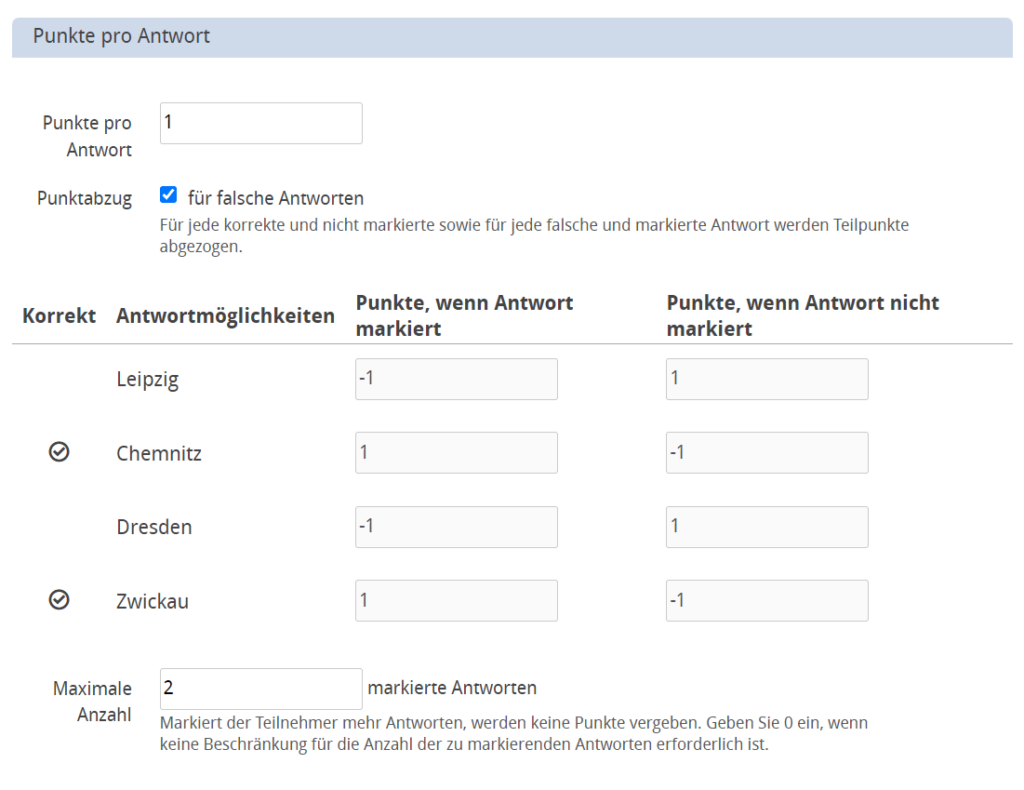 Screenshot der Optionen für Punkte pro Antwort mit negativen Punkten und der maximal erlaubten Anzahl an markierten Antworten.