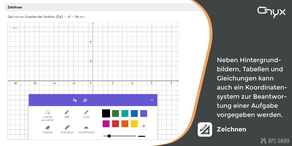 Screenshot des neuen ONYX-Aufgabentyps Zeichnen mit einem vorgegebenen Koordinatensystem. Bildtext: Neben Hintergrundbildern, Tabellen und Gleichungen kann auch ein Koordinatensystem zur Beantwortung einer Aufgabe vorgegeben werden.
