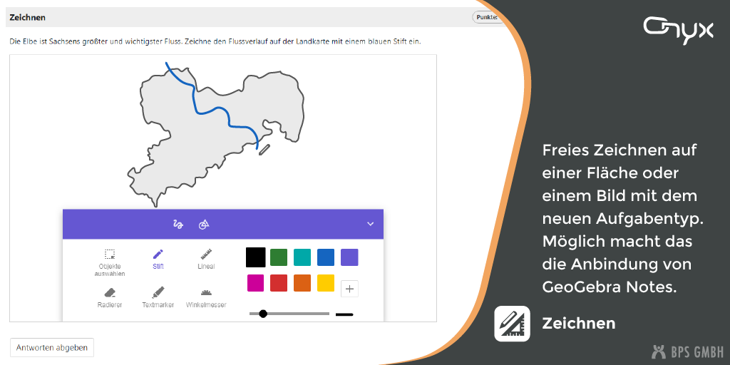 Screenshot des neuen ONYX-Aufgabentyps Zeichnen. Abgebildet ist die Karte von Sachsen, auf der mit einem blauen Stift die Elbe eingezeichnet wurde. Bildtext: Freies Zeichnen auf einer Fläche oder einem Bild mit dem neuen Aufgabentyp. Möglich macht das die Anbindung von GeoGebra Notes.