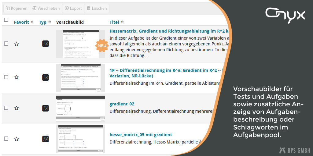 Screenshot des ONYX Aufgabenpools, der Übersicht über eigene oder freigegebene Tests und Aufgaben. Hervorgehoben ist das neue Vorschaubild und die Beschreibung in der Übersichtstabelle. Bildtext: Vorschaubilder für Tests und Aufgaben sowie zusätzliche Anzeige von Aufgabenbeschreibung oder Schlagworten im Aufgabenpool.