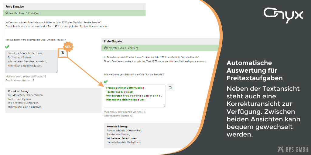 Screenshot der Auswerten-Ansicht einer Freitextaufgabe. Hervorgehoben ist der Button zum Wechseln zwischen Text- und Korrektur-Ansicht. Bildtext: Automatische Auswertung für Freitextaufgaben. Neben der Textansicht steht auch eine Korrekturansicht zur Verfügung. Zwischen beiden Ansichten kann bequem gewechselt werden.