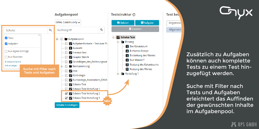 Screenshot der Ansicht zum Bearbeiten eines Tests. Hervorgehoben ist die Möglichkeit, Tests aus dem Aufgabenpool hinzuzufügen sowie die Suche mit Filtermöglichkeit. Bildtext: Zusätzlich zu Aufgaben können auch komplette Tests zu einem Test hinzugefügt werden. Suche mit Filter nach Tests und Aufgaben erleichtert das Auffinden der gewünschten Inhalte im Aufgabenpool.