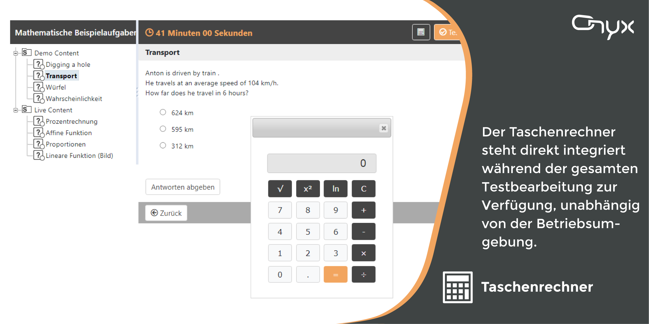 ONYX Testsuite - Direkt integrierter Taschenrechner, der während der gesamten Bearbeitungszeit eines Tests oder einer Prüfung zur Verfügung steht - Screenshot