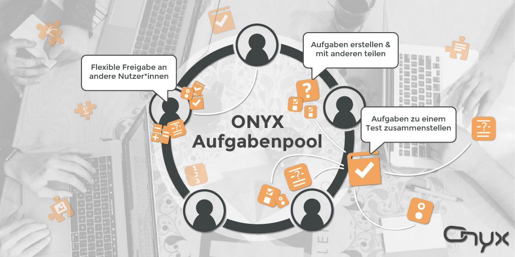ONYX Aufgabenpool: Aufgaben zu einem Test zusammenstellen, Aufgaben erstellen und mit anderen teilen, flexible Freigabe an andere Nutzer:innen.