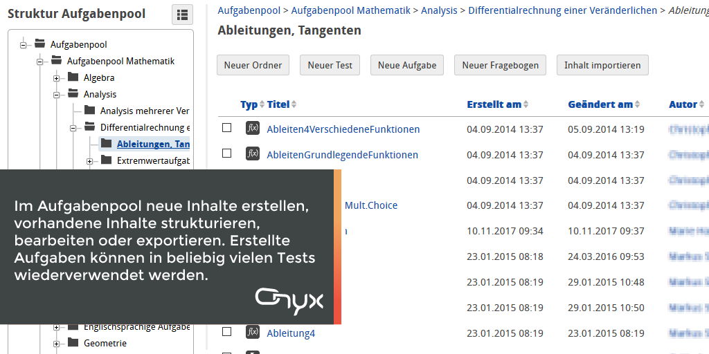 ONYX-Aufgabenpool ONYX - Aufgabenpool (Screenshot). Bildtext: Im Aufgabenpool neue Inhalte erstellen, vorhandene Inhalte strukturieren, bearbeiten oder exportieren. Erstellte Aufgaben können in beliebig vielen Tests wiederverwendet werden.
