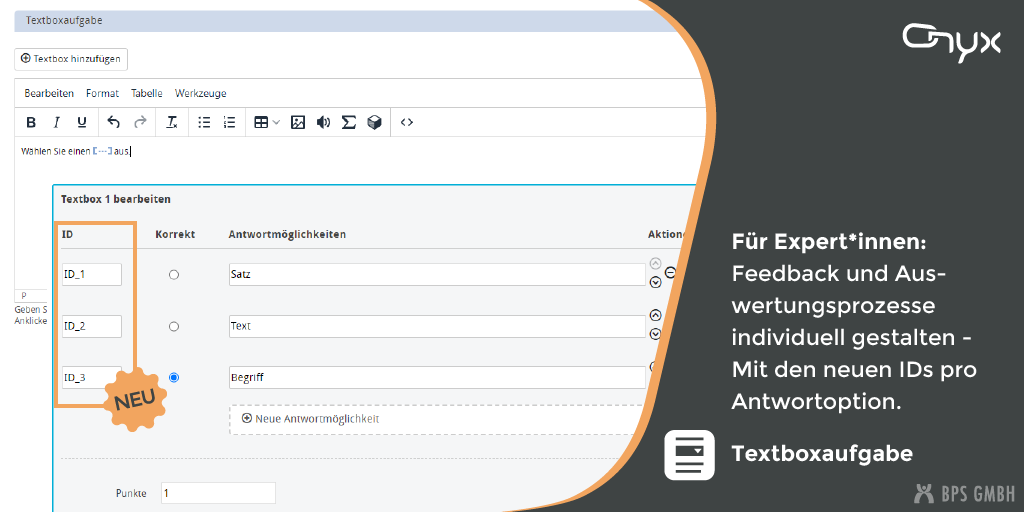 Screenshot der Ansicht zum Editieren einer Textboxaufgabe. Bildtext: Für Expert*innen: Feedback und Auswertungsprozesse individuell gestalten - Mit den neuen IDs pro Antwortoption.