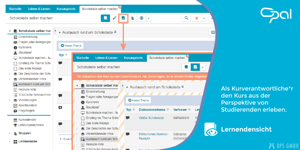 ALT: Screenshots eines Kurses in OPAL. Es wird die normale Kursansicht sowie der Kurs in Lernendensicht gezeigt. Der Button zum Aktivieren der Lernendensicht ist hervorgehoben.