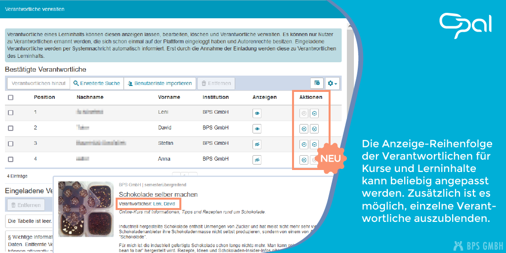 Screenshot der Übersicht über die Verantwortlichen eines Kurses in OPAL. Hervorgehoben ist die Möglichkeit, die Position anzupassen sowie die Anzeige der sichtbaren Verantwortlichen bei der Ansicht des Kurses. Bildtext: Die Anzeige-Reihenfolge der Verantwortlichen für Kurse und Lerninhalte kann beliebig angepasst werden. Zusätzlich ist es möglich, einzelne Verantwortliche auszublenden.