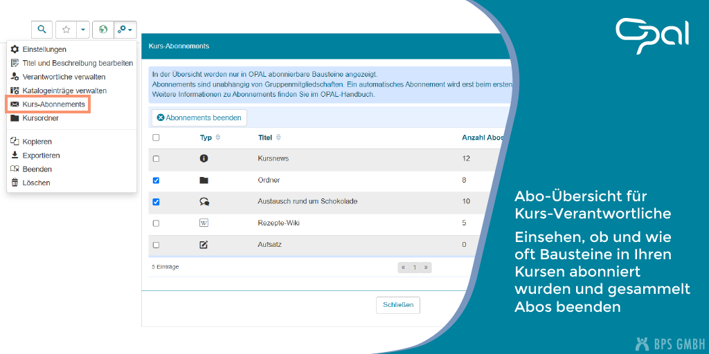 Übersicht über die Abonnements für Kurs-Verantwortliche (Screenshot). Einsehen, ob und wie oft Kursbausteine abonniert wurden und gesammelt Abos beenden.