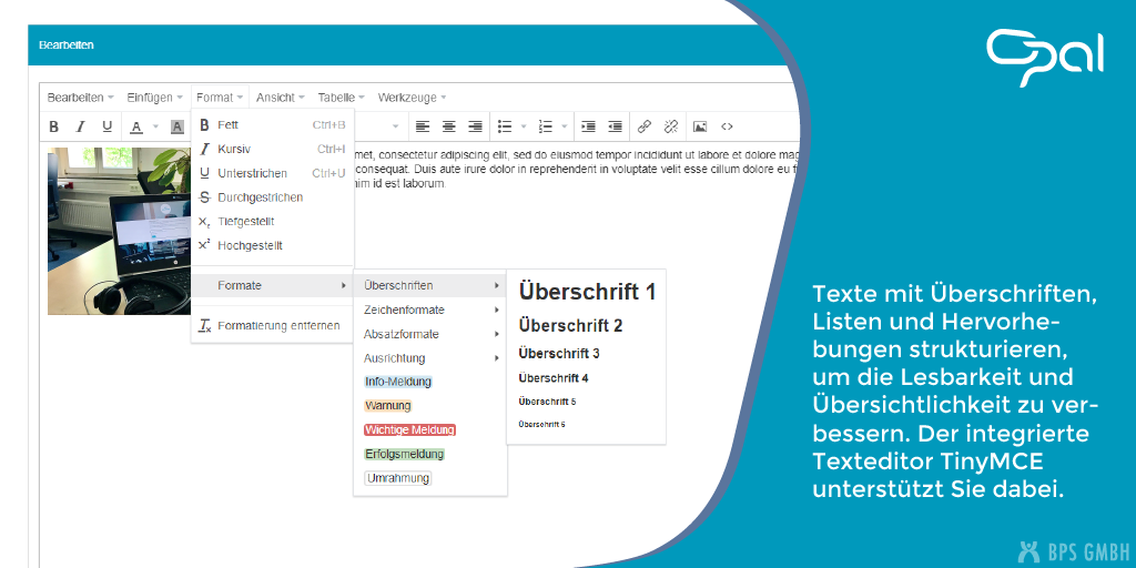 Screenshot vom Texteditor in OPAL zum Bearbeiten einer Inhaltsseite. Bildtext: Texte mit Überschriften, Listen und Hervorhebungen strukturieren, um die Lesbarkeit und Übersichtlichkeit zu verbessern. Der integrierte Texteditor TinyMCE unterstützt Sie dabei.