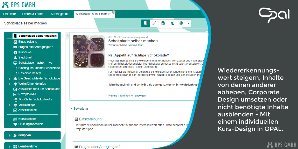 Screenshot eines Kurses mit individuellem Design. Bildtext: Wiedererkennungswert steigern, Inhalte von denen anderer abheben, Corporate Design umsetzen oder nicht benötigte Inhalte ausblenden - Mit einem individuellen Kurs-Design in OPAL.