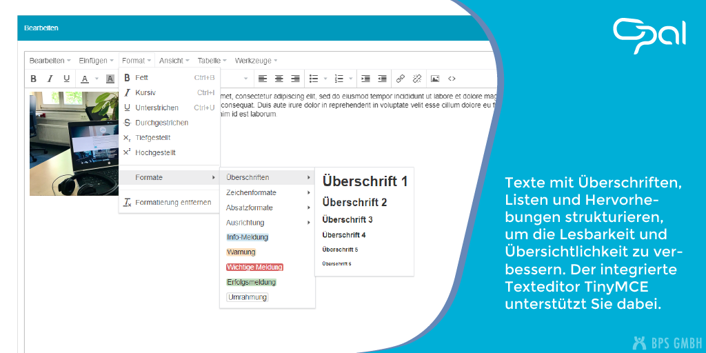 Screenshot vom Texteditor in OPAL zum Bearbeiten einer Inhaltsseite. Bildtext: Texte mit Überschriften, Listen und Hervorhebungen strukturieren, um die Lesbarkeit und Übersichtlichkeit zu verbessern. Der integrierte Texteditor TinyMCE unterstützt Sie dabei.