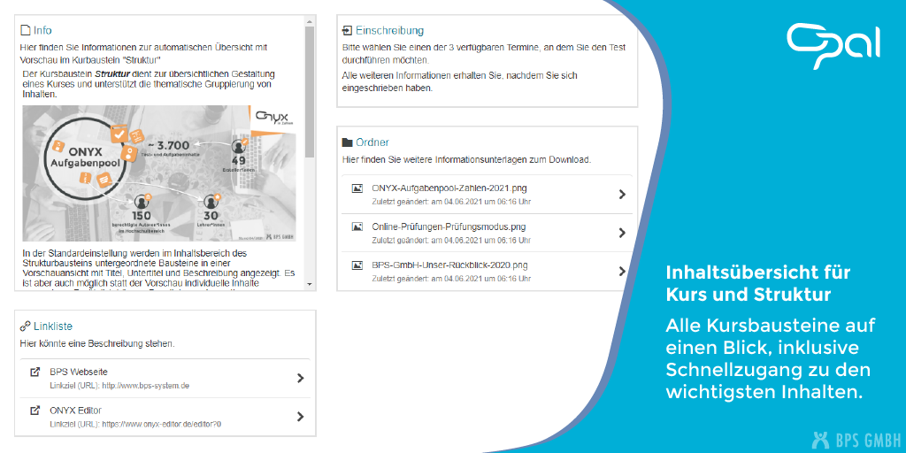 Screenshot der zweispaltigen Inhaltsübersicht im Kurs. Bildtext: Inhaltsübersicht für Kurs und Struktur. Alle Kursbausteine auf einen Blick, inklusive Schnellzugang zu den wichtigsten Inhalten.