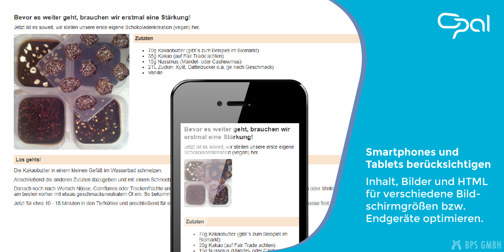 Screenshot einer Inhaltsseite mit Text und Bild. Dargestellt ist die Anzeige auf einem breiten Bildschirm und auf einem Smartphone. Bildtext: Smartphones und Tablets berücksichtigen. Inhalt, Bilder und HTML für verschiedene Bildschirmgrößen bzw. Endgeräte optimieren.