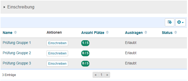 Screenshot einer Einschreibung mit drei Prüfungsgruppen für zum Beispiel verschiedene Prüfungsstandorte