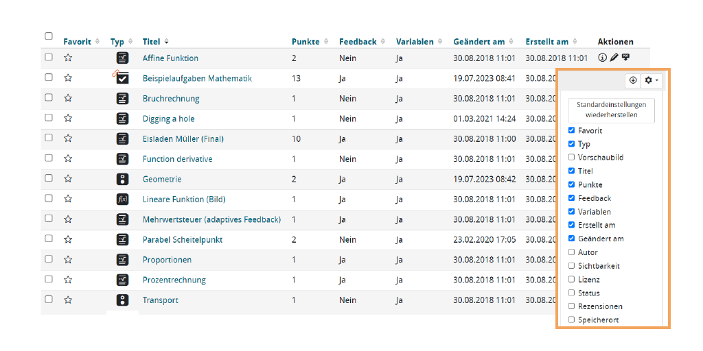 Screenshot der Übersicht über Testinhalte im ONYX Aufgabenpool mit den Spalten Typ, Titel, Punkte, Feedback und Variablen.
