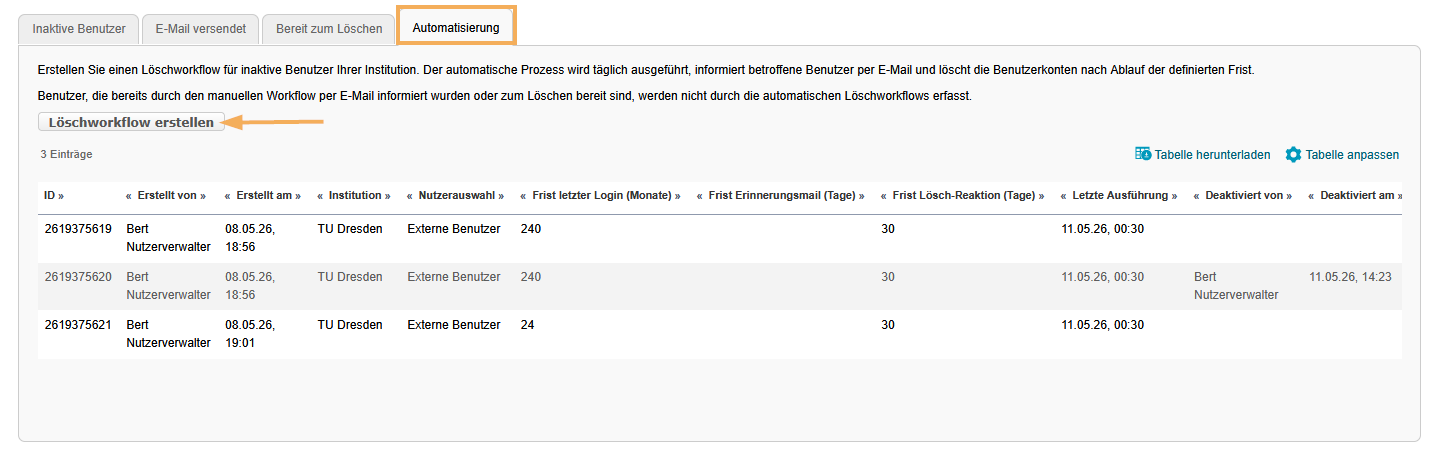 Tab Automatisierung: automatisierter Workflow Benutzeraccount löschen in der OPAL Lernplattform von BPS System