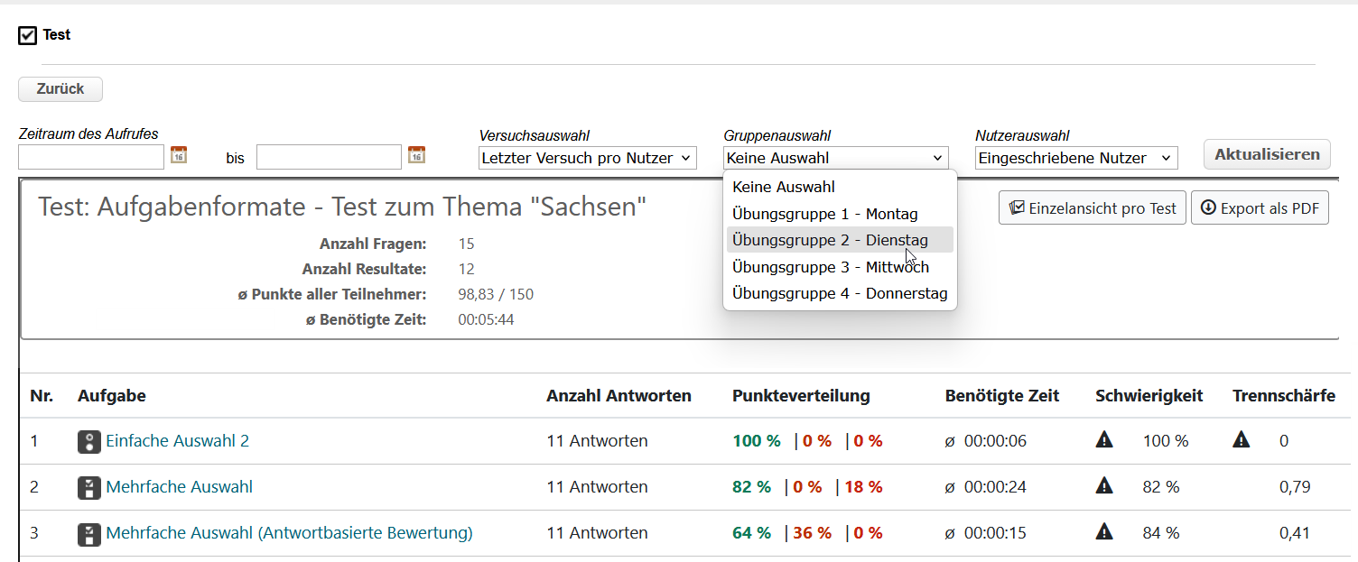 Filter für Lerngruppen und Lernbereiche im Bewertungswerkzeug der OPAL Lernplattform