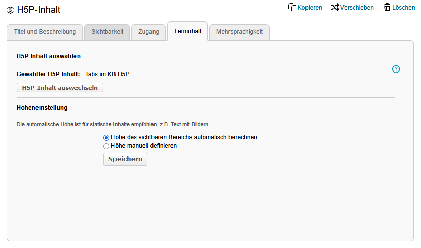 Kursbaustein H5P-Inhalt im OPAL-Kurseditor mit Auswahl der H5P-Ressource