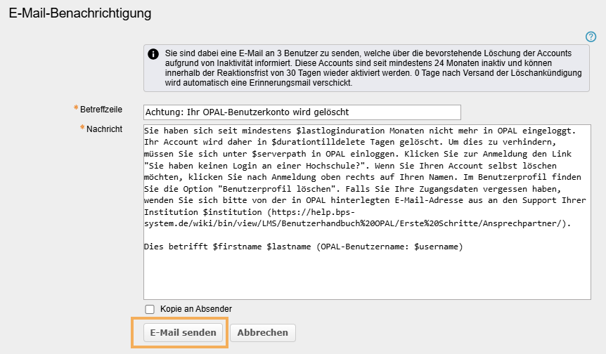 E-Mail-Benachrichtigung: Workflow Benutzeraccount löschen in der OPAL Lernplattform von BPS System